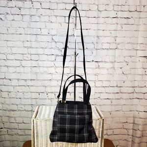 Marlo Black Gray Plaid Tote Bag Red Satin Lining Top Handle Crossbody Casual